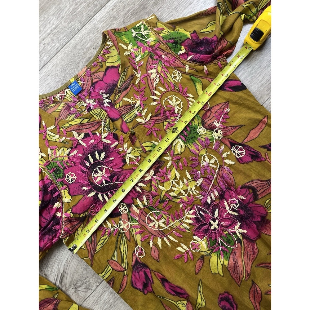 Raj Tunic Dress Women's Size Large Multi Color Floral Cotton Embroidered Kaftan - Picture 8 of 13